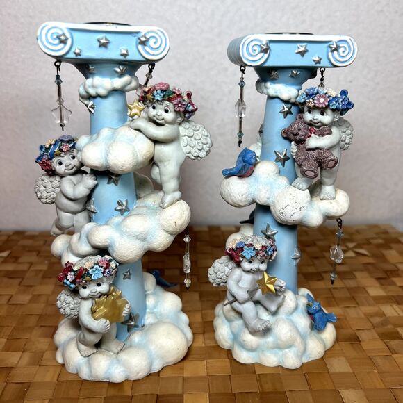 DREAMSICLES 7”Cherubs Candlesticks X2 BY DANBURY MINT Baby Blue w/ Stars Clouds - Picture 14 of 16